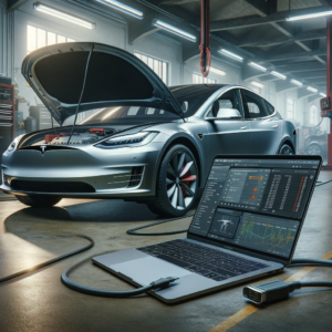 DALL·E 2024 02 25 10.54.23 Create an ultra realistic photo of a laptop connected to a Tesla electric vehicle EV during maintenance. The scene is set in a garage or workshop w