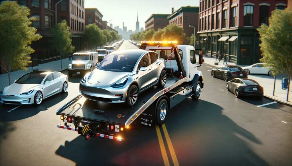 DALL·E 2024 02 25 17.09.28 An ultra realistic image of a modern tow truck towing a Tesla Model Y on a sunny day. The scene is set on a busy city street with other cars and build